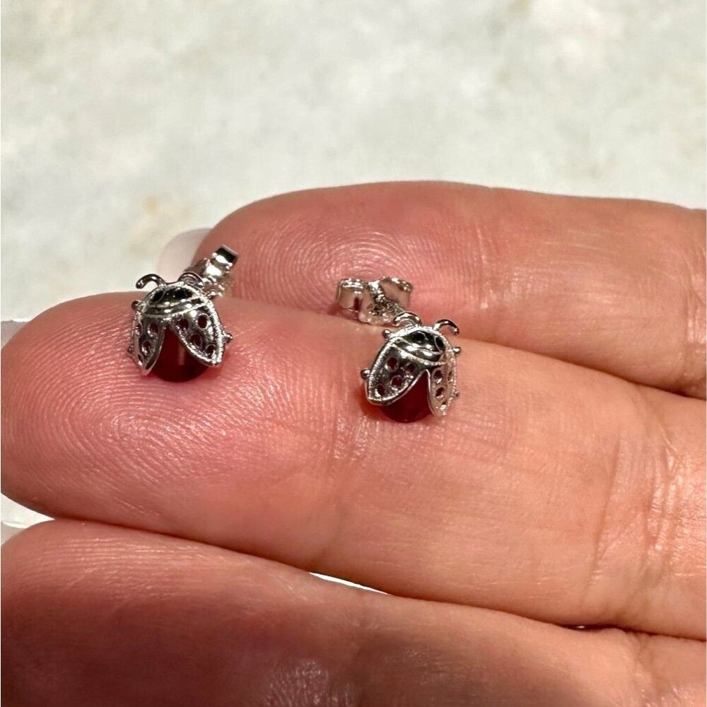 Ladybug Earrings Rhodium Plated Over Silver w/ Simulated Red Stones w/ Gift Box